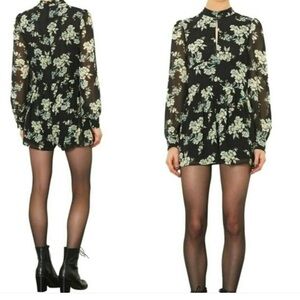 Topshop | Women’s Black and Cream Floral Rose Keyhole Long Sleeve Romper Size 2